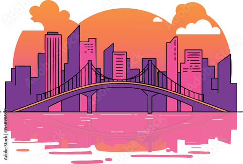 Cityscape with bridge and purple skyscrapers during orange sunset vector illustration urban skyline landscape design