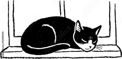 Cozy black cat sketch curled on a windowsill for home decor