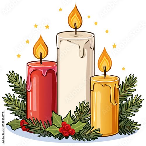Christmas candles and holly, isolated 