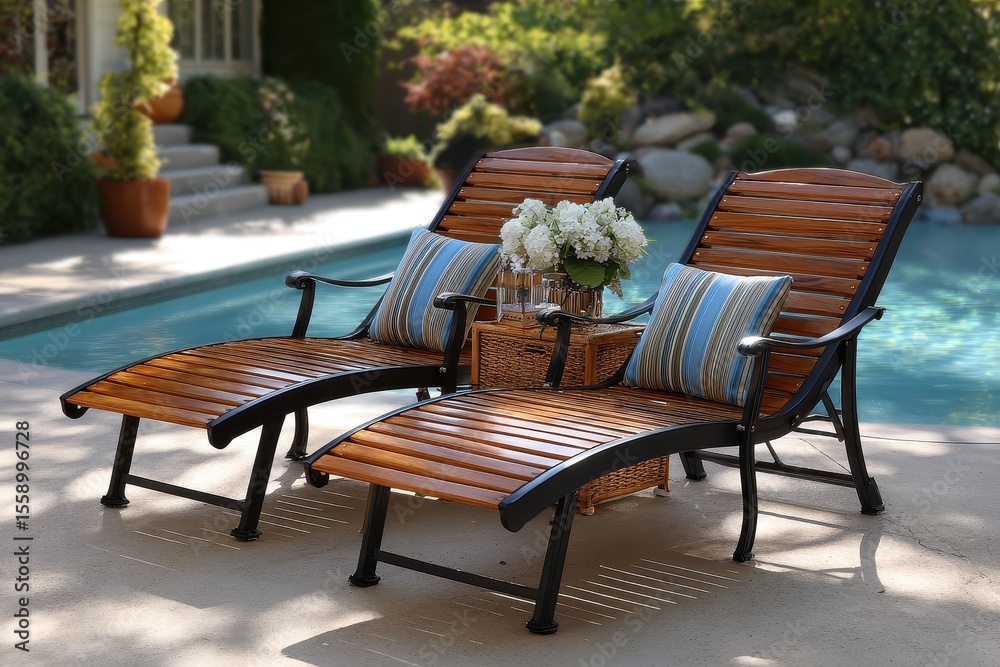 Relaxing poolside loungers with cushions and flowers in a serene outdoor setting Relaxing poolside loungers with cushions and flowers in a serene outdoor setting