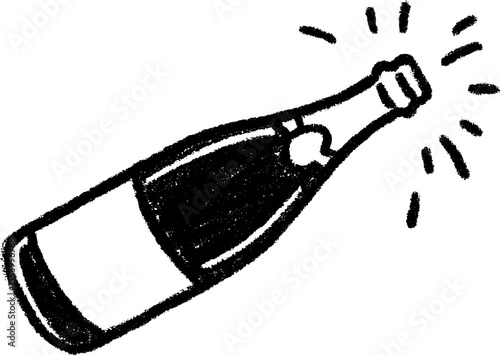 Celebration with flying cork: hand-drawn sketch of popped champagne bottle