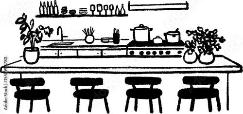 Hand drawn sketch of chef's open kitchen with bar seating for culinary decor