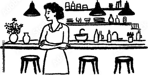 Chef's open kitchen with bar seating sketch for culinary design concepts