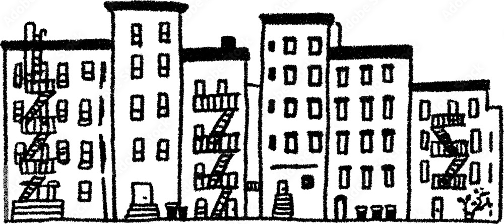 Urban sketch of city alley with fire escapes and bins for artistic design