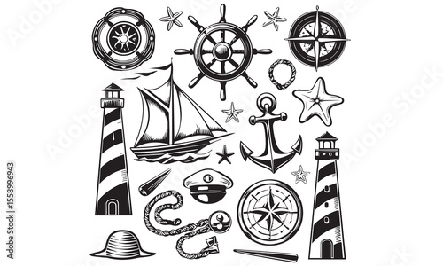 Collection of nautical vector icons featuring a ship, anchor, compass, lighthouse, dolphin, sailboat, fish, wheel, and life preserver