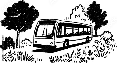 Relaxed city bus at quiet stop with scenic trees and bushes sketch