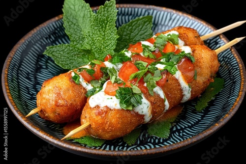 Golden brown round skewered snacks drizzled with creamy white sauce and vibrant red tomato salsa, garnished with fresh herbs. Served on a dark blue patterned plate over a black background – perfect fo
