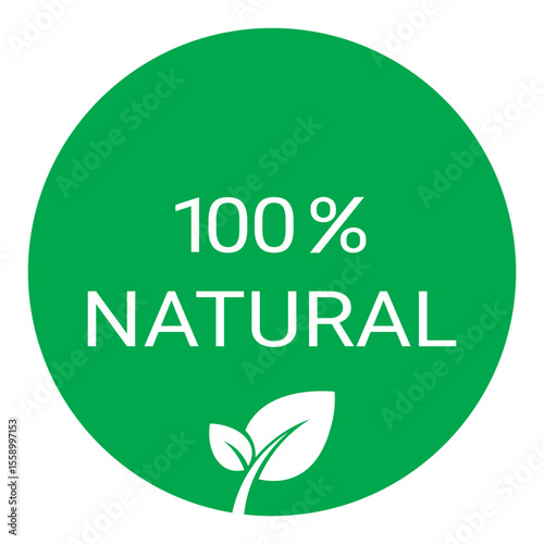 Vibrant Green Circle Design Highlighting 100% Natural Elements with Leaf Symbol for Eco-Friendly and Healthy Living Concepts