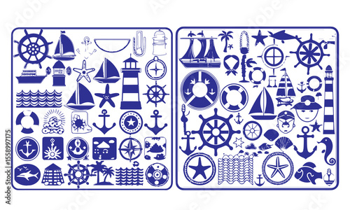 Collection of nautical vector icons featuring a ship, anchor, compass, lighthouse, dolphin, sailboat, fish, wheel, and life preserver