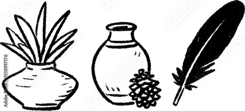 Artistic sketch of clay vase with feathers and pinecone for creative design