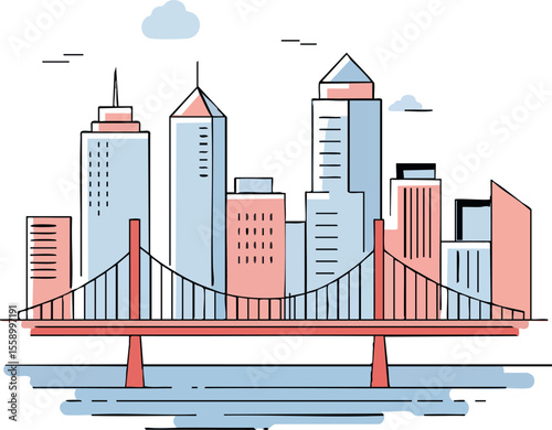 City skyline with modern buildings and suspension bridge over water in minimalist style vector illustration