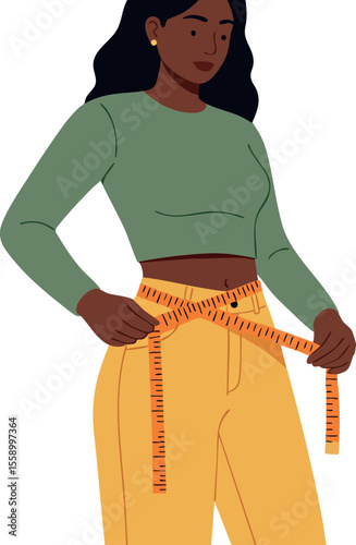 Woman measuring waist with tape measure for healthy lifestyle and fitness weight loss concept vector illustration