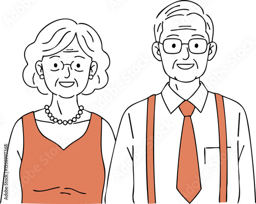 Elderly couple portrait with glasses and orange clothing vector illustration of senior man and woman smiling together