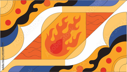 A vibrant abstract illustration with bold colors, featuring flames and dynamic shapes.