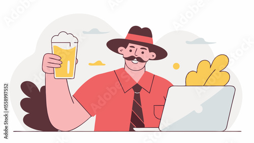 A cheerful man with a mustache in a red shirt and hat, holding a glass of beer while working on a laptop.