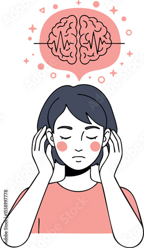 Woman experiencing headache pain with brain illustration above head in pink and white vector design