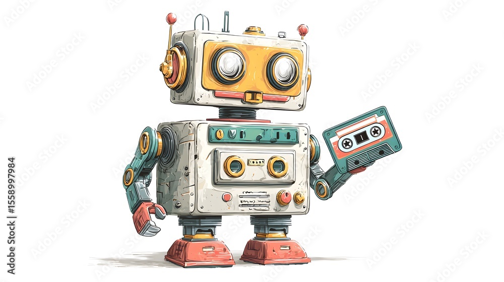 Fototapeta premium Retro robot holding a cassette tape