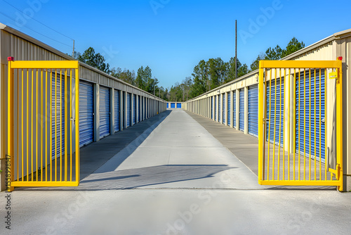 Self storage facility with yellow entrance gate and blue unit doors, symmetrical outdoor concrete path, industrial warehouse building, rental containers, secure property storage solution exterior

