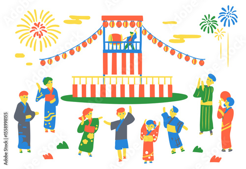 夏の祭り風景｜盆踊り・浴衣姿の人々・やぐらと打ち上げ花火のイラスト