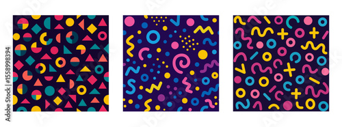 Collection of retro 80s, 90s colorful vector seamless patterns. Doodle fun kid backgrounds. Childish cool geometric design useful for fabric, textile, cover, banner, label, print, wrapping, wallpaper