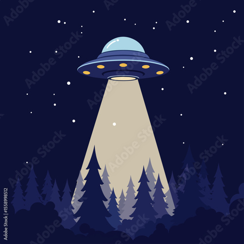 UFO sighting over dark forest at night. Unidentified flying object illuminates trees with bright light. Mysterious spaceship hovering above pine trees.