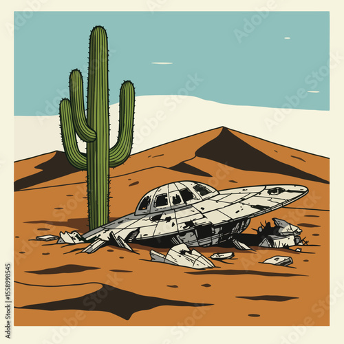 Crashed UFO in desert landscape near giant cactus.  Alien spaceship wreckage in arid environment.  Mysterious UFO crash scene for science fiction illustrations and designs.