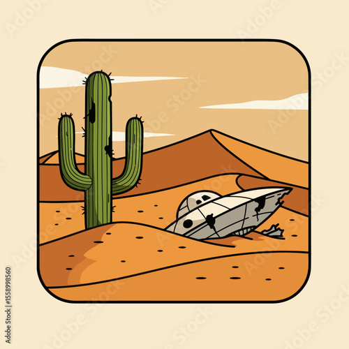Desert landscape with crashed UFO and saguaro cactus.  Alien spaceship wreckage rests in sand dunes near iconic desert plant.  World UFO Day illustration perfect for themed postcards or apparel.