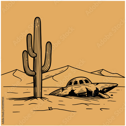 Desert UFO crash scene with saguaro cactus.  Ufo crash illustration shows spaceship wreckage in sand dunes next to tall desert plant.