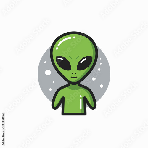 Cute green alien character design perfect for World UFO Day celebrations. This adorable extraterrestrial is ideal for greeting cards, posters, and children's books.