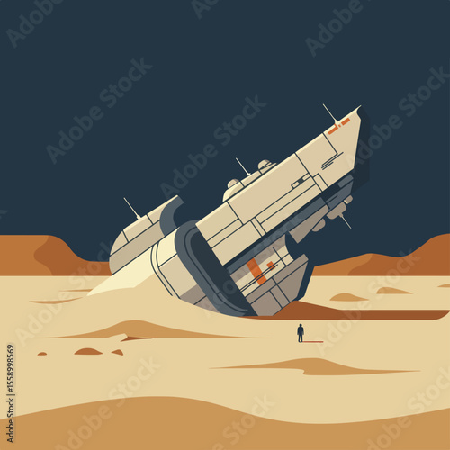 Crashed spaceship in desert landscape.  Spaceship wreckage half-buried in sand dunes.  Lonely figure observing scene.  Illustration perfect for World UFO Day social media post.