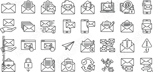 Collection of email icons depicting various concepts in outline style on a white background