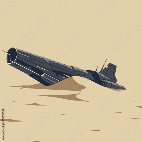 Spaceship buried in sand dune. Futuristic spacecraft partially submerged in desert sand. Sci-fi illustration perfect for World UFO Day themed designs.