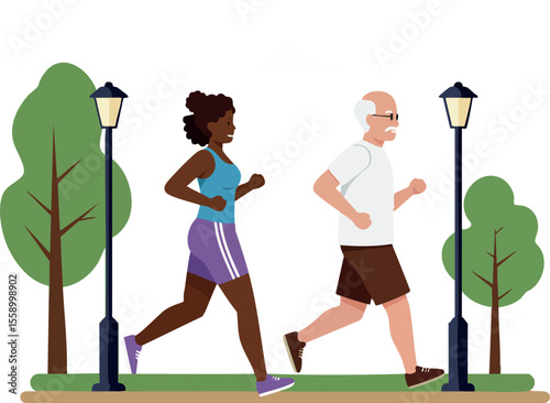 Active senior man and young woman jogging together outdoors in park with trees and street lamps for fitness and health