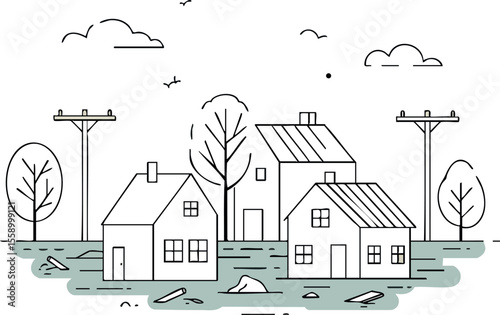 Small houses with trees and utility poles in a calm village landscape vector illustration