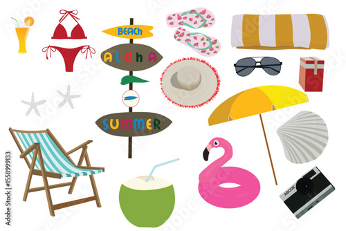 Vector set of Summer Beach elements on isolated white background.