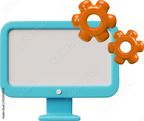 3D blue monitor with gear icon, orange color, vector illustration.