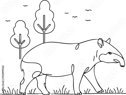 Tapir walking on grass with trees and birds in outline style vector illustration nature wildlife animal design