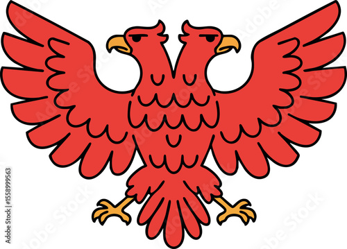 Red two-headed eagle heraldic symbol with spread wings and yellow beaks vector illustration