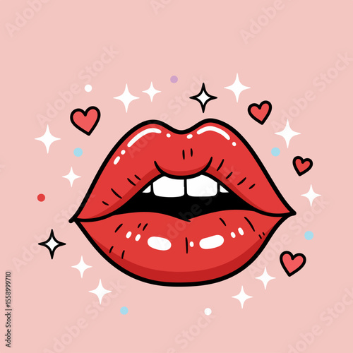 Romantic red lips illustration for World Kiss Day. Sensual lips image with hearts and sparkles perfect for social media.  This kiss day graphic is ideal for greeting cards,