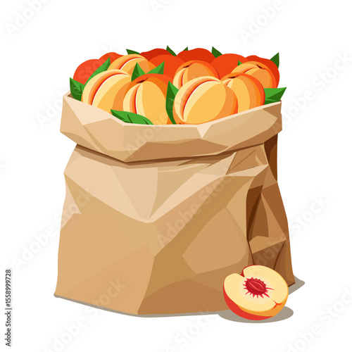 Paper bag full of healthy and juicy red peaches isolated on white background. Vector fruit illustration in flat style. Summer clipart for diet design, healthy lifestyle, nutrition