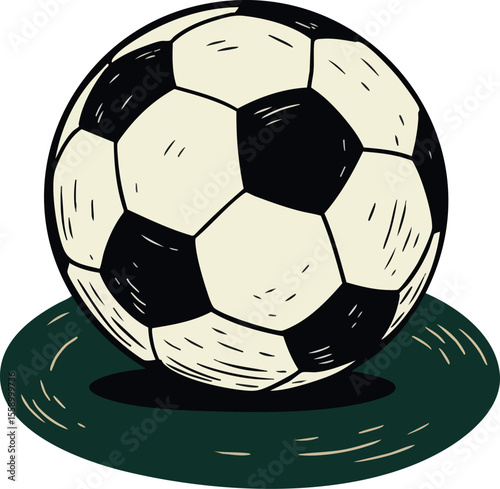 Soccer ball resting on grass detailed vector drawing with black and white pentagon pattern for sport design and game themes