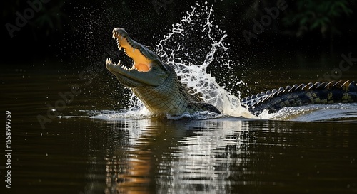 A crocodile leaps out of the water with its mouth open, creating a splash.