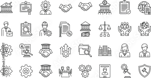 Collection of business and legal icons representing various concepts and professions in outline style