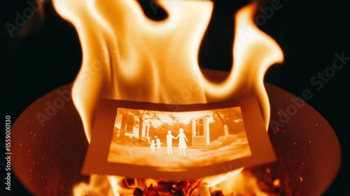 Family photo burning in flames at night, emotional loss