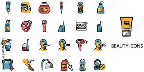 Beauty simple concept 24 hand drawn color icons set .Vector illustration.	