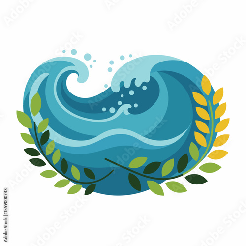 Ocean wave illustration with green and yellow leaves.  Stylized ocean wave design perfect for Plastic Bag Free Day awareness campaigns.