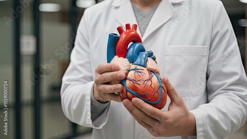 A medical expert holds an anatomical heart model, highlighting important details for study, education and healthcare understanding in a professional setting.