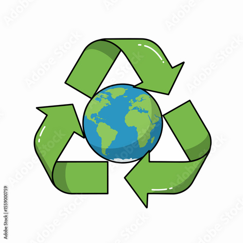 Go green illustration with recycling symbol and earth globe.  Reduce reuse recycle concept for environmental awareness campaigns.