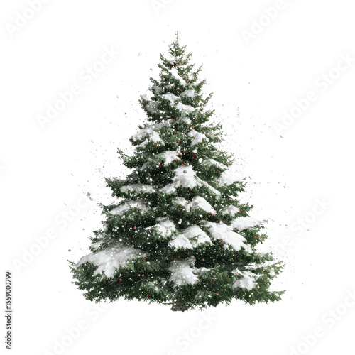 Snow-Covered Christmas Tree with Falling Snow on White Transparent background