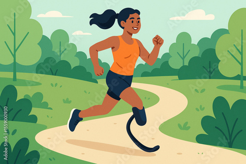  Female Athlete with Running Blade Prosthesis Jogging on Park Path Energetic Modern Flat Illustration